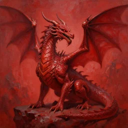 The first dragon, elder, primogenitor, hyper detailed, by frank franzzeta, oil painting, monochromatic red, artstationHD