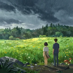 storm, heavy rain, backlight grass field wildflowers trees rock floor mushrooms game background median photoshop filter cutout vector behance hd by jesper ejsing, by rhads, makoto shinkai and lois van baarle, ilya kuvshinov, rossdraws, illustration, art by ilya kuvshinov and gustav klimt