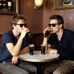 2 hip guys wearing sunglasses, sitting around a round table in a bar drinking coke, by toulouse lautrec
