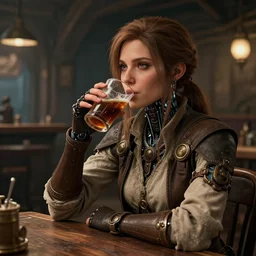 a cyborg girl drinking jn fantasy airship tavern, steampunk, realistic fingers, realistic body, realistic clothing, beautiful texture, beautiful graphics, fantasy artwork, very beautiful scenery, hd, hdr, ue 5, ue 6, unreal engine 5, cinematic 4 k wallpaper, 8 k, ultra detailed
