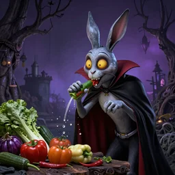 a vampire bunny sucking the juice out of vegetables by tim burton