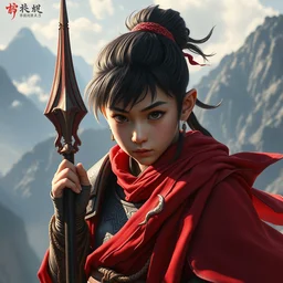 a masterpiece portrait of nezha, legendary god of car, kid with red cloth around his shoulders and holding spear, mountains, cinematic, chinese armor, fantasy character portrait, highly detailed, by ne zha ( 2 0 1 9 ), fenghua zhong, digital painting, trending on artstation, d & d, sharp focus, illustration, dynamic pose, new gods : nezha reborn ( 2 0 2 1 ), i am nezha ( 2 0 1 6 ), fenghua zhong, top lighting, fantasy character concept design, dof