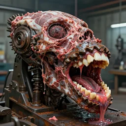 a close up of an elongated machine made of teeth and raw meat rust, in a factory, concept art by giger, cgsociety, assemblage, trypophobia, greeble, grotesque, biomechanical open mouth tooth pulling tooth pulling extraction, industrial saliva ooze