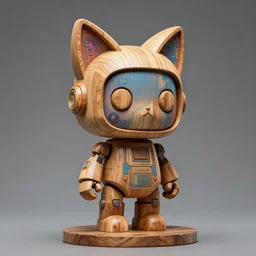 ultra photo realistic, sculpture wooden carving cute robot piedestal cat ears cyberpunk popart collection contemporaryart