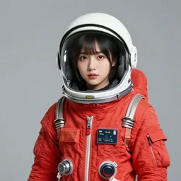 beautiful girl in red spacesuit with helm, studio photo portrait, safebooru, 8k