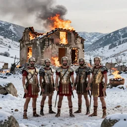 men wearing roman armor standing in front of the burning ruins of a small house in a snow covered valley, beautiful lighting, beautiful composition
