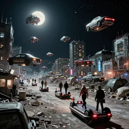 people are walking past hovercraft, back from work in a Russian cyberpunk slum city called Neo Norilsk on the Moon, at night, lots of flying cars, diverse, lively, black sky full of stars, blinding sun, sci-fi, lots of flying cars, levitation, cyberpunk outfits, photorealistic, grainy, 35mm, intricate, very very beautiful, elegant, smooth, cinematic, Unreal Engine 5, by Beeple, trending on Artstation HD