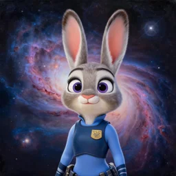 portrait of Judy Hopps in the space with nebulae, realistic painting, high definition, digital art, matte painting, very detailed, realistic