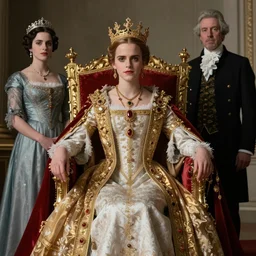 regal Emma Watson sitting on queens throne royalty wearing royal mantle gold jewelry by moebius and atey ghailan by james gurney by vermeer by George Stubbs