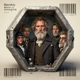 razorpunk portrait of Rip Van Winkle disguised as the hexagonal hypercube portal mandy jurgens chris cold odd nerdrum jonas de ro norman rockwell jim mahfood luis royo nicola samori unreal engine embossing stamp bar code