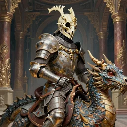 painted portrait of fantasy knight wearing an ornamented bone helmet and riding a dragon, ancient magic temple hall background, upper body, fantasy intricate elegant extremely detailed digital painting trending artstation concept art sharp focus illustration art by gustave courbet greg rutkowski craig mullins