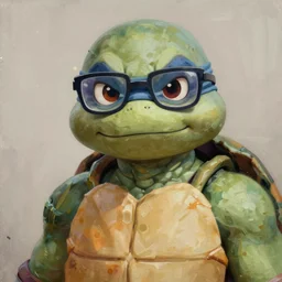 portrait painting teenage mutant ninja turtle donatello, wearing dorky glasses, nerdy, painted by greg rutkowski, dishonored 2