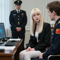 19-year-old Aristocratic platinum-blonde-haired hime-cut blue-eyed French empress wearing white leggings and black jacket, sitting in office, chatting with communist officer, futuristic gadgets, HD photograph