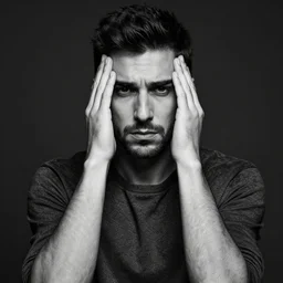 black and white portrait shot, studio photograph of a male symmetrical handsome andrea belluci the painter artist, casual clothes, anxiety and depression, intricate, elegant, highly detailed, hyper realistic, dark background, flickr, smooth, 4 k, 3 0 0 dpi, sharp focus, shot by canon