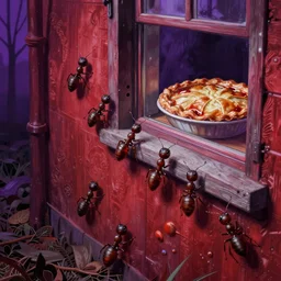 a line of ants heading up an outside wall towards a pie cooling in the window, in the style of beksinski, intricate and epic composition, red by caravaggio, insanely quality, highly detailed, masterpiece, purple light, artstation, 4 k