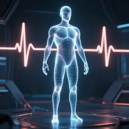 human performance, wireframe human, heartbeat, glowing wireframe, future scifi scene, beeple