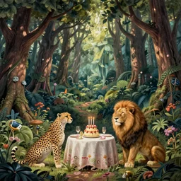 cheetah and lion in front of birthday table in fairytale forest , huge scale, high detail, intricate by Axel Scheffler