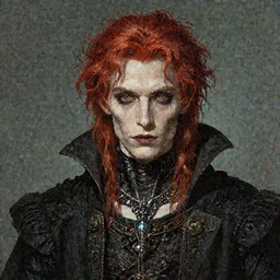 portrait of beautiful young gothic man with read hair, cyberpunk, the middle ages, highly detailed, artstation, illustration, art by rene magritte