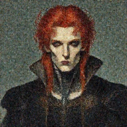 portrait of beautiful young gothic man with read hair, cyberpunk, the middle ages, highly detailed, artstation, illustration, art by rene magritte