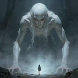 a beautiful terrifying pale humanoid giant looms over a tiny human. ethereal fantasy art by greg rutkowski