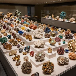 A vast collection of precious minerals on display in a large museum.