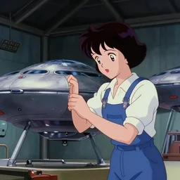 a film still of a 1 9 5 0's mechanic anime girl repairing ufo in big hangar inside spaceship, sharp focus, full body mid shot, perfect art, trending on pixiv fanbox, painted by gaston bussiere, makoto shinkai, akihiko yoshida, gaston bussiere, craig mullins