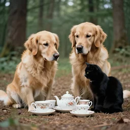 vintage photograph of a golden retriever and a black kitty having a tea party in the forest