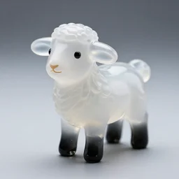 a cute and small translucent white blown glass abstract statue toy in the shape of a little lamb with black translucent glass legs