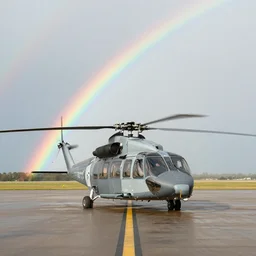 a sikorsky 9 2 standing on the tarmac, double rainbow, xf iq 4, f / 1. 4, iso 2 0 0, 1 / 1 6 0 s, 8 k, raw, unedited, symmetrical balance, in - frame