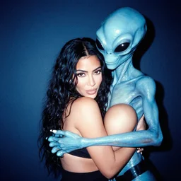 film still of kim kardashian being hugged menacingly by an alien, associated press, 2 6 mm, kodak ektachrome, blue tint expired film.