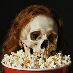 human skull sinking in popcorn bucket, horror creepy movie poster