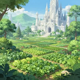Lush vegetable farms outside a beautiful elven city made of white marble, anime, lush trees, a fantasy digital painting by Greg Rutkowski and James Gurney, trending on Artstation, highly detailed