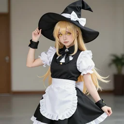 marisa kirisame is young witch with blonde hair and yellow eyes, wearing black vest and skirt, white waist apron and undershirt, and black witch hat with white bow