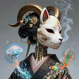 3 d goddess close - up profile portrait with smoke biomechanics with ram skull. beautiful intricately detailed japanese crow kitsune mask and classical japanese kimono. betta fish, jellyfish phoenix, bio luminescent, plasma, ice, water, wind, creature, artwork by tooth wu and wlop and beeple and greg rutkowski. gold and black and teal and orange color scheme