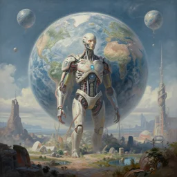 Aesthetic transhumanist landscape painting of artificial life ending the world as we know it, singularity, 8k, trending on cgsociety artstation, masterpiece, highly detailed, establishing shot, by sergey andreev.