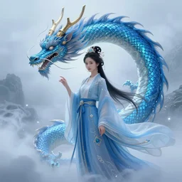 a hybrid exquisite complex and beautiful the azure dragon in the east in the fog of magic light, beautiful oriental teen princess, digital painting, artstation, concept art, smooth, sharp focus, illustration, art by artgerm and greg rutkowski and alphonse mucha, 8 k