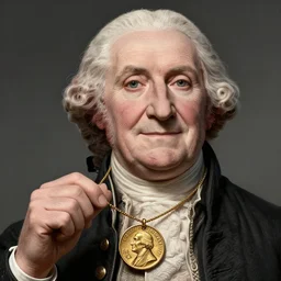 a closeup photorealistic illustration of a happy George Washington holding wearing a necklace featuring a gold Doubloon coin. This 4K HD image is Trending on Artstation, featured on Behance, well-rendered, extra crisp, features intricate detail and the style of Unreal Engine.