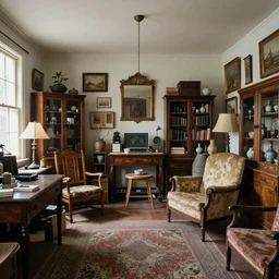 ultra-wide shot cluttered room with antiques