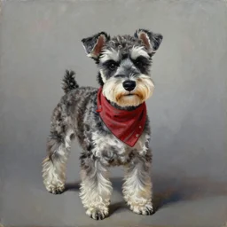 professional oil on canvas painting of a Schnoodle dog breed, wearing a scarf