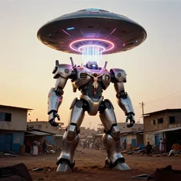 mecha ROBOT of AJEGUNLE SLUMS of Lagos african JESUS CHRIST about AESTHETICS large UFO NEON ray of light, photographed by Martha Cooper, Golden Hour light, analogue photo