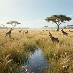 distant cyberpunk wildlife on the african plains, long grass, sparkling water, glistening, hyper realistic, hyper detailed, digital art, trending in artstation, cinematic lighting, studio quality, smooth render, unreal engine 5 rendered, octane rendered, by jesper ejsing, wlop, paul lehr