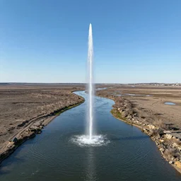 drone shot of water dripping up from a river into the blue sunny sky, desolate land, hyper detailed photorealistic, fantastic
