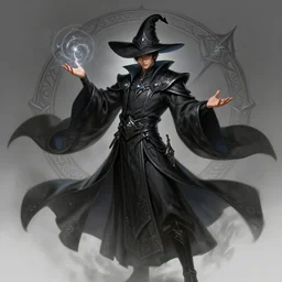 a highly detailed illustration of short haired asian man as wizard wearing ornate black robe and mage hat, dramatic magic floating pose, intricate, elegant, highly detailed, centered, digital painting, artstation, concept art, smooth, sharp focus, league of legends concept art, WLOP
