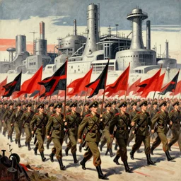 army parade glorious march, futuristic alternate timeline, anarcho - communist hordes, red and black flags, modernist factories in background, art by max ernst, cnt spanish civil war era propaganda