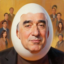 painting portrait of danny devito as an egg, his skin is white cartoon, warm lighting, danny devito egg, movie poster, illustration by bartek fedyczak, erak note, tooth wu, neil richards, kan liu, siwoo kim, jisu choe, trending on art station