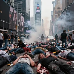 massacre in times square, hundreds of corpses in times square, a lot of blood, smoke in the air, scared people