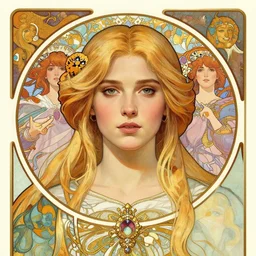 masterpiece head-on symmetrical centered painted portrait, Imogen Poots as Elden Ring paladin, blonde hair, elegant, in the style of Greg Rutkowski and Moebius and Mohrbacher and ROSSDRAWS and Ross Tran and Alphonse Mucha and Ayami Kojima and Charlie Bowater and Jean Delville, Pixar, Maya engine, splash comics, tarot card style, Art Nouveau, rich bright colours