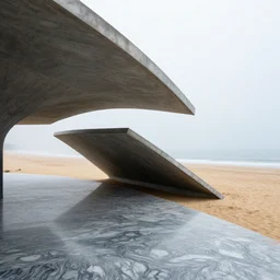 curved roof planes lift and descend creating shade and architectural expression, highly detailed, beach, marble, vivid color, high resolution photography, mist