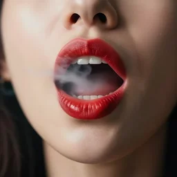 an cinematic closeup of a woman's mouth, red lips, open, smoke coming out, ultra realistic