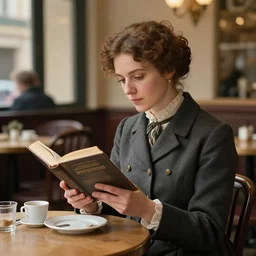 a woman reading a book in 1 9 th century caffe. realistic, highly detailed, full of colors, 4 k